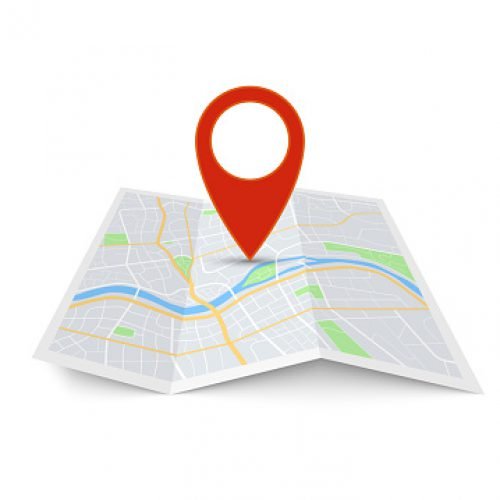 Map with pin. Red direction pointer on folded city map, gps navigation and travel location vector position search sticker 3d icon
